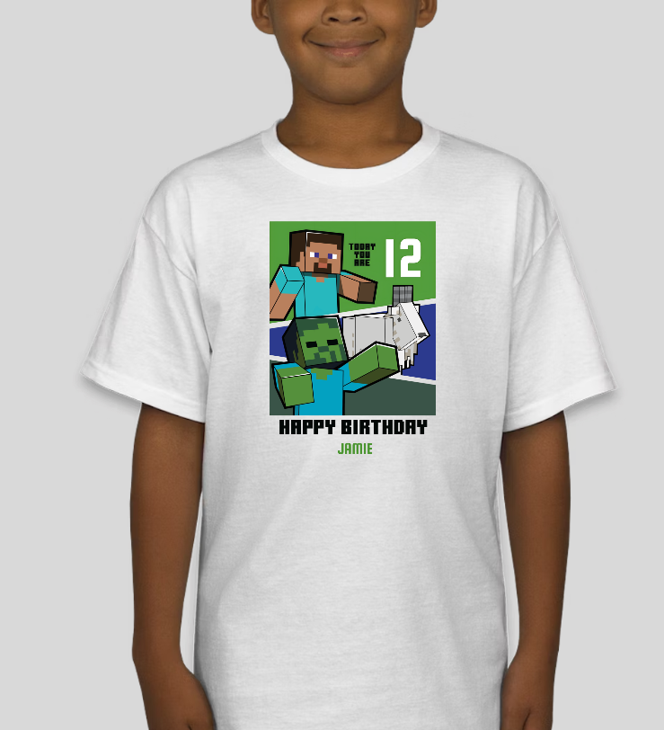 Minecraft Youth Custom Birthday Age & Name Graphic Tee Unisex Shirt