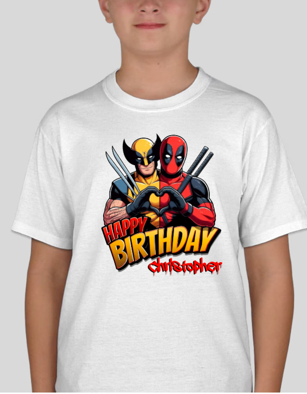 DeadPool & Wolverine Personalized Youth Birthday T Shirt