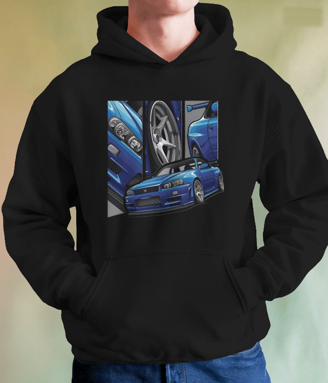 Nissan R34 GTR Bayside Blue Graphic Hoodie Unisex Hooded Sweatshirt