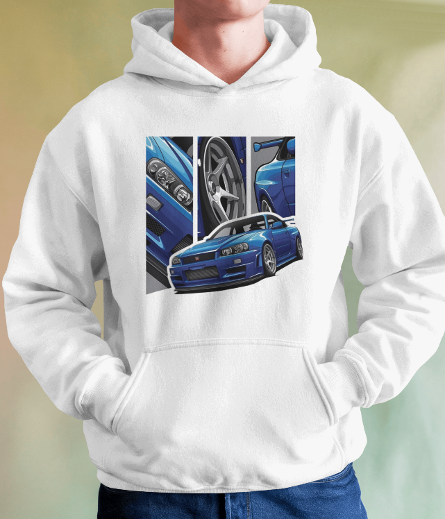 Nissan R34 GTR Bayside Blue Graphic Hoodie Unisex Hooded Sweatshirt