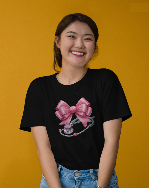 Nurse Bow Stethoscope Graphic Tee Womens Short Sleeved