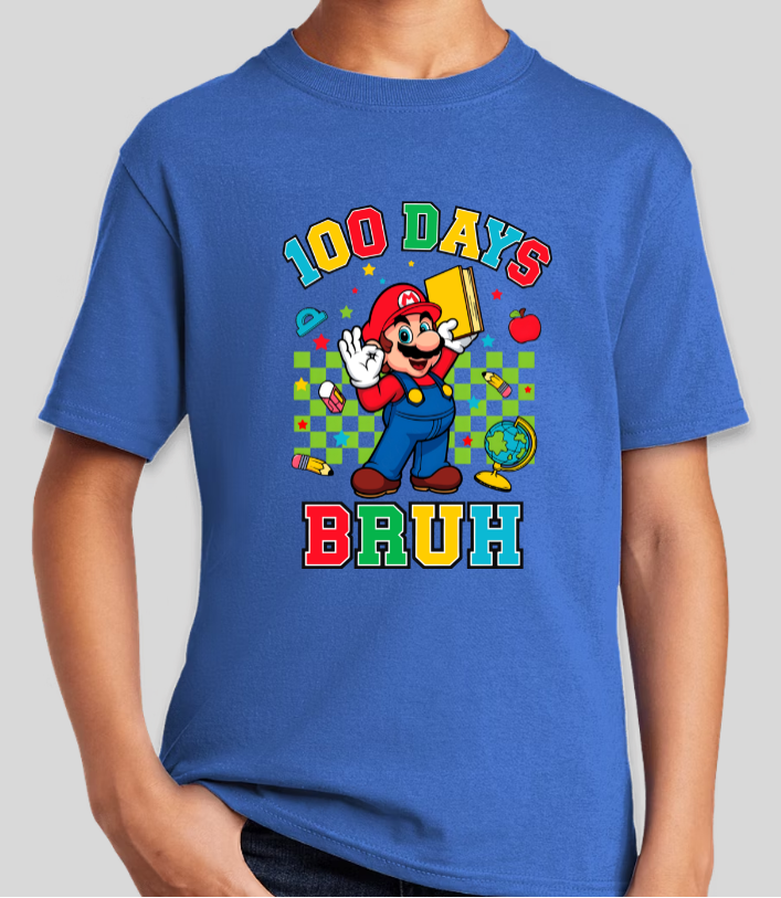 Mario 100 Days Of School Bruh Youth Graphic Tee Unisex Shirt
