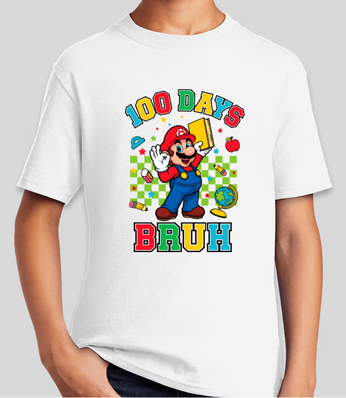 Mario 100 Days Of School Bruh Youth Graphic Tee Unisex Shirt