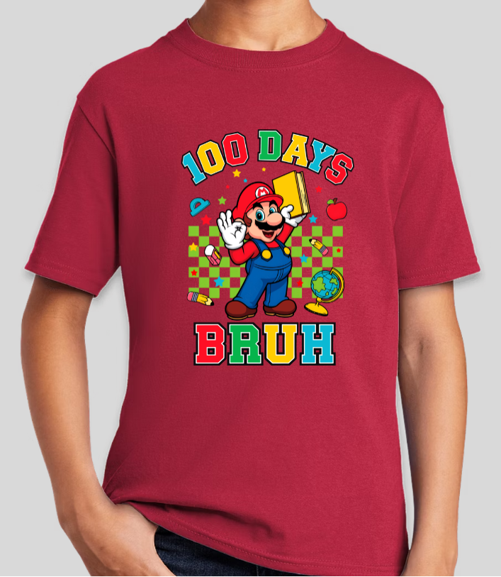 Mario 100 Days Of School Bruh Youth Graphic Tee Unisex Shirt