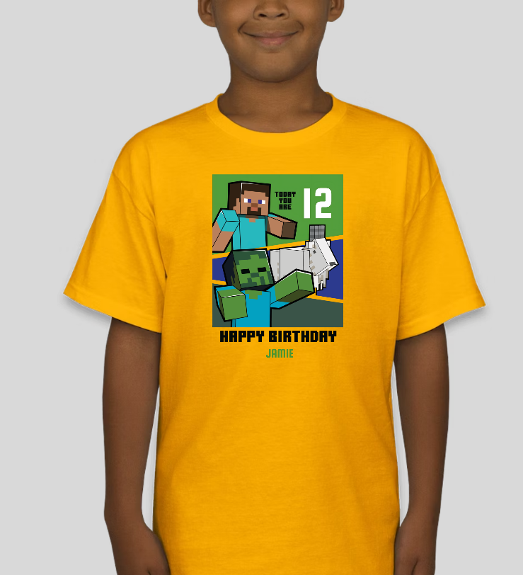 Minecraft Youth Custom Birthday Age & Name Graphic Tee Unisex Shirt