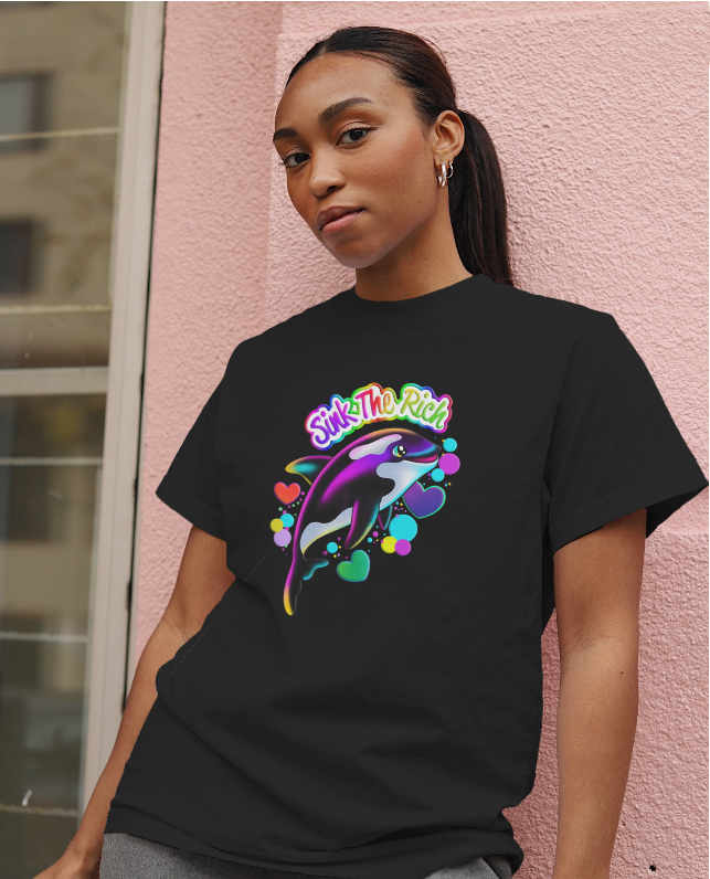 Sink The Rich! Orca Dark Humor Graphic Tee Womens T Shirt