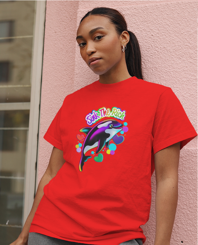Sink The Rich! Orca Dark Humor Graphic Tee Womens T Shirt