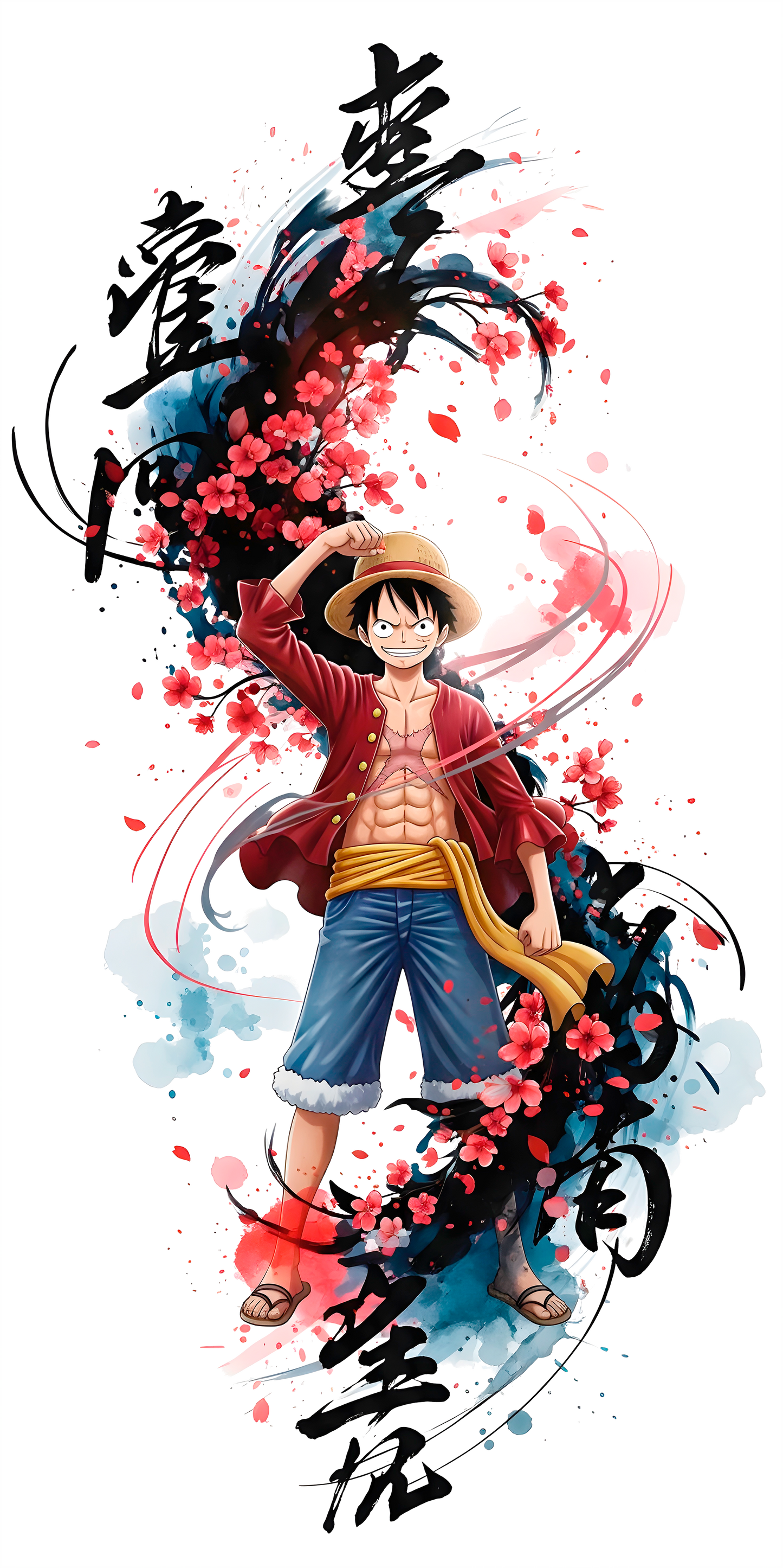 Luffy & Cherry Blossoms | Straw Hat Pirate Ink Wash Tee
