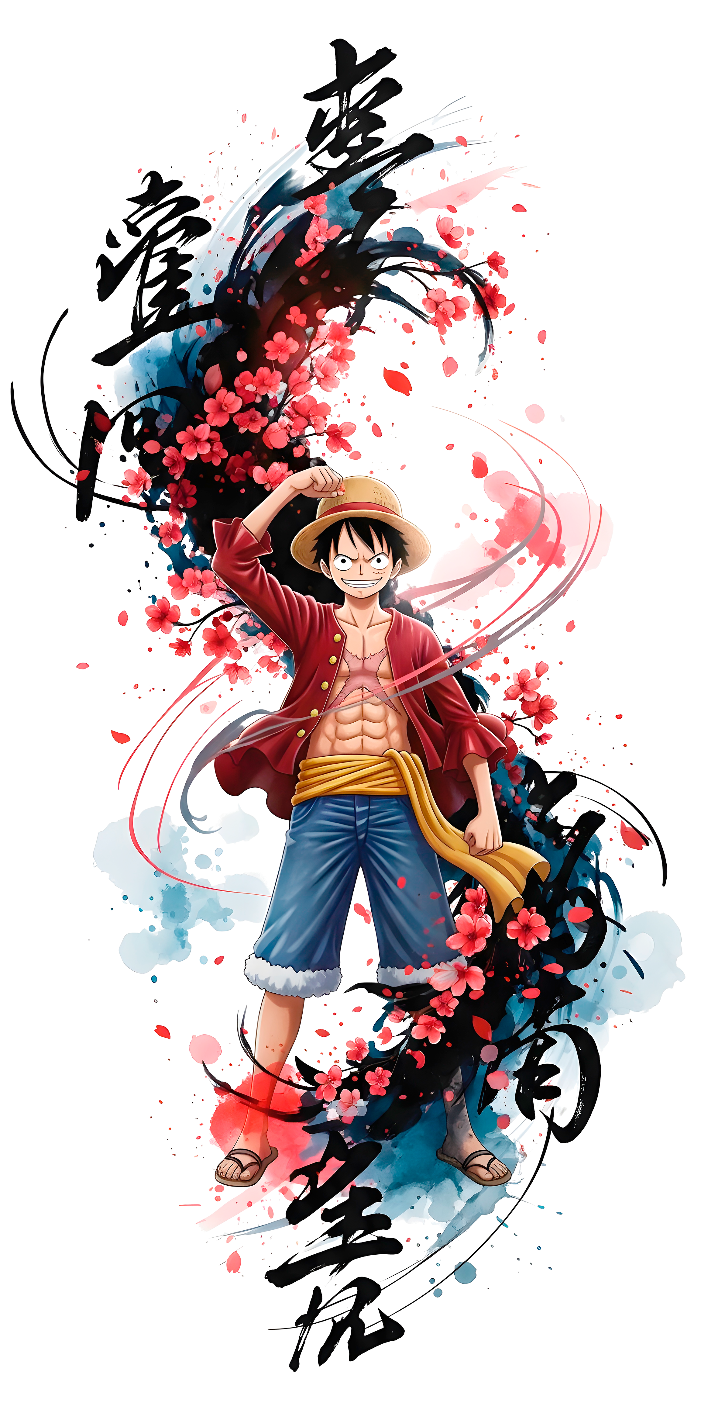 Luffy & Cherry Blossoms | Straw Hat Pirate Ink Wash Tee