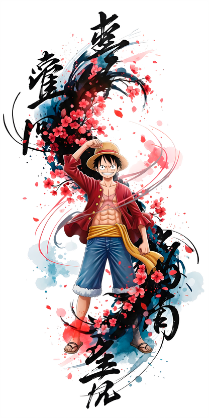 Luffy & Cherry Blossoms | Straw Hat Pirate Ink Wash Tee