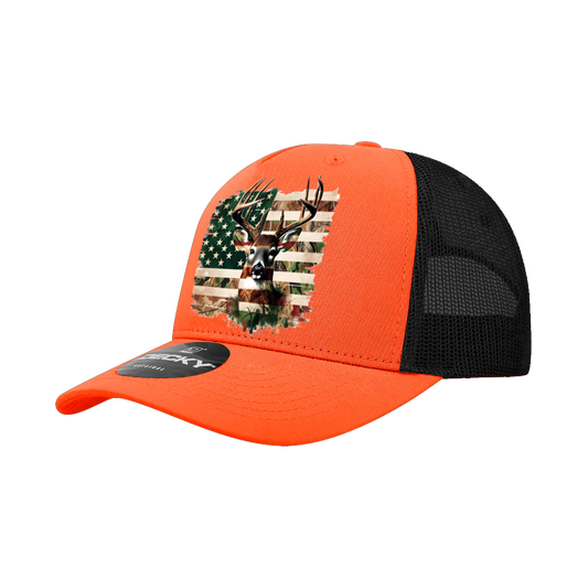 Hunter Orange American Flag Deer Snap Back