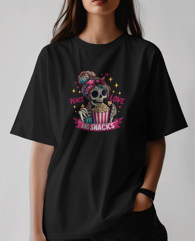 Peace Love and Snacks! Skelton Graphic Tee Womens T Shirt