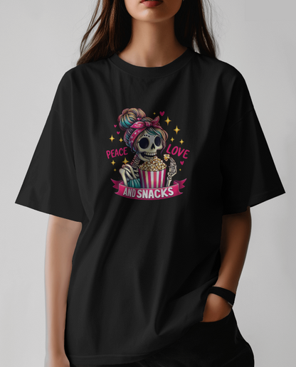 Peace Love and Snacks! Skelton Graphic Tee Womens T Shirt