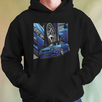 Nissan R34 GTR Bayside Blue Graphic Hoodie Unisex Hooded Sweatshirt