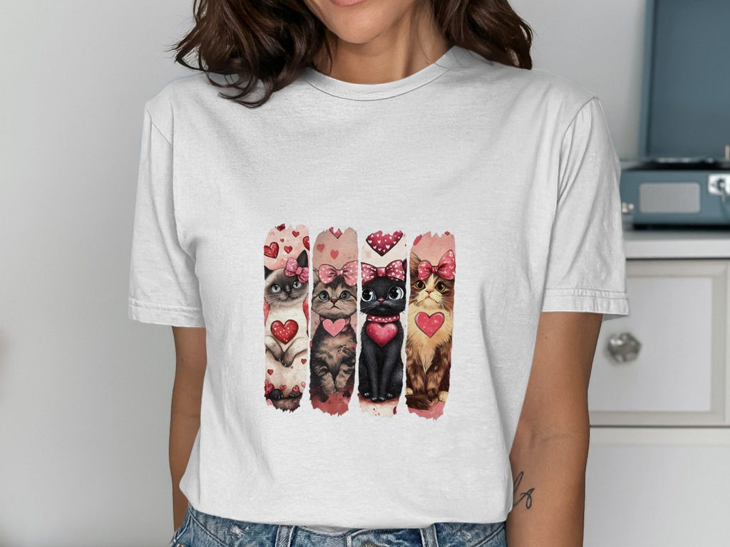 Valentine's Day Cats Graphic Tee Womens Short Sleeved