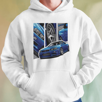 Nissan R34 GTR Bayside Blue Graphic Hoodie Unisex Hooded Sweatshirt