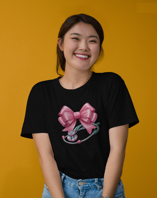 Nurse Bow Stethoscope Graphic Tee Womens Short Sleeved