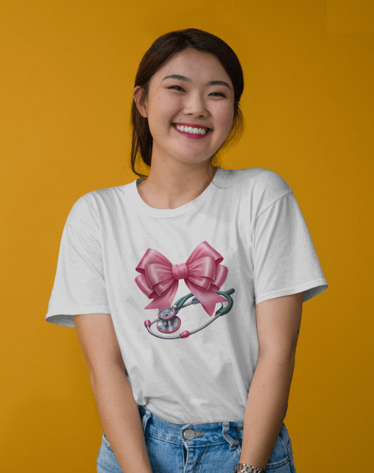 Nurse Bow Stethoscope Graphic Tee Womens Short Sleeved