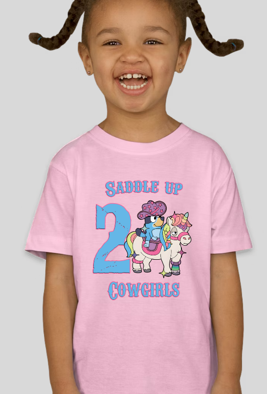 Bluey Saddle Up Cowgirls Toddler Personalized Birthday Tee Girls Shirt
