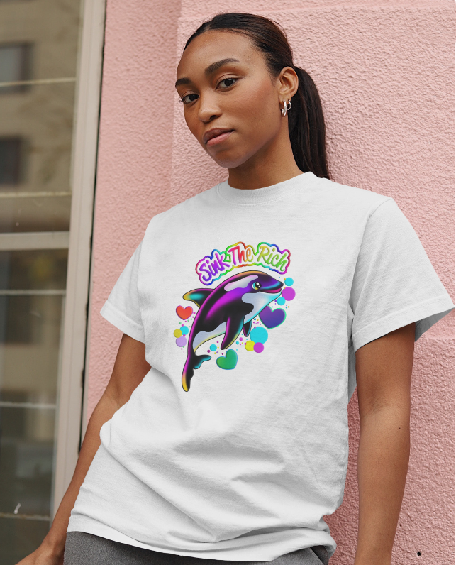 Sink The Rich! Orca Dark Humor Graphic Tee Womens T Shirt