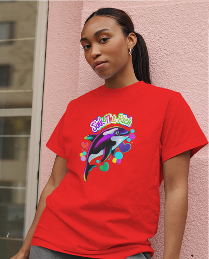 Sink The Rich! Orca Dark Humor Graphic Tee Womens T Shirt
