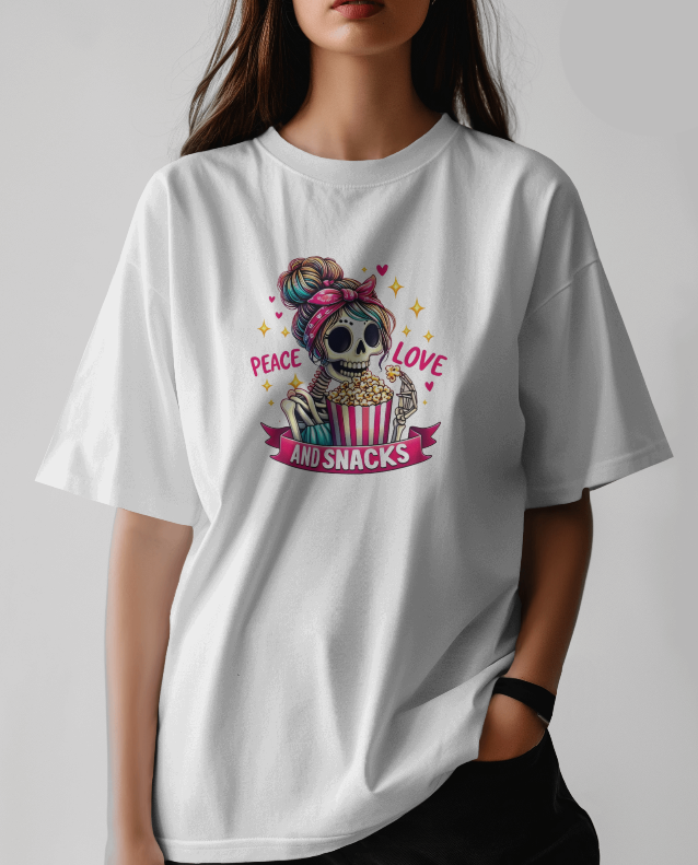 Peace Love and Snacks! Skelton Graphic Tee Womens T Shirt