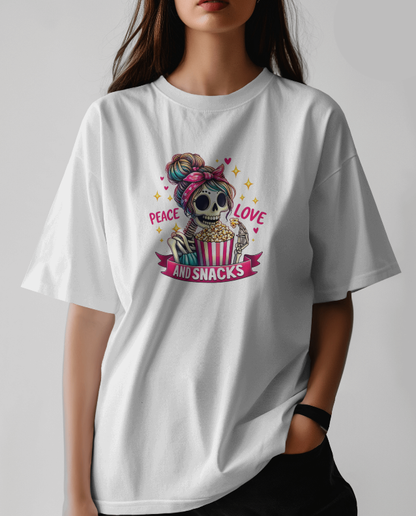 Peace Love and Snacks! Skelton Graphic Tee Womens T Shirt